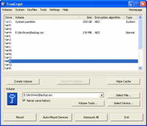 Screenshot of TrueCrypt main programm window
